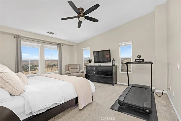 Primary bedroom - Spacious, natural light, and airey with vaulted ceilings.