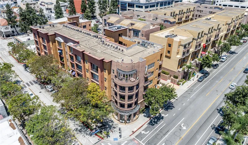 Aerial view of the building at Angeleno Avenue with Downtown Burbank immediately nearby.
