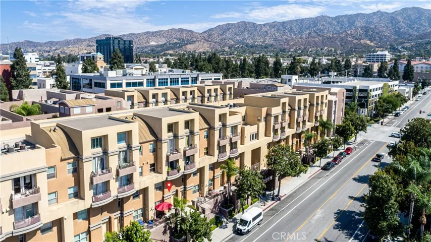 Burbank Village Walk with the Verdugo Mountains and Downtown Burbank beyond.