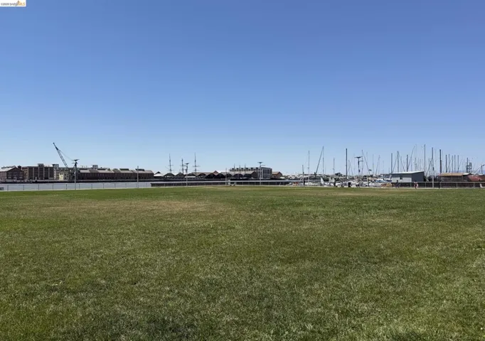 Expansive grassy area with waterfront proximity and marina views, bordered by a clear blue sky
