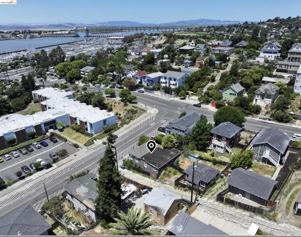 Aerial perspective showcasing a residential neighborhood with varied architectural styles
