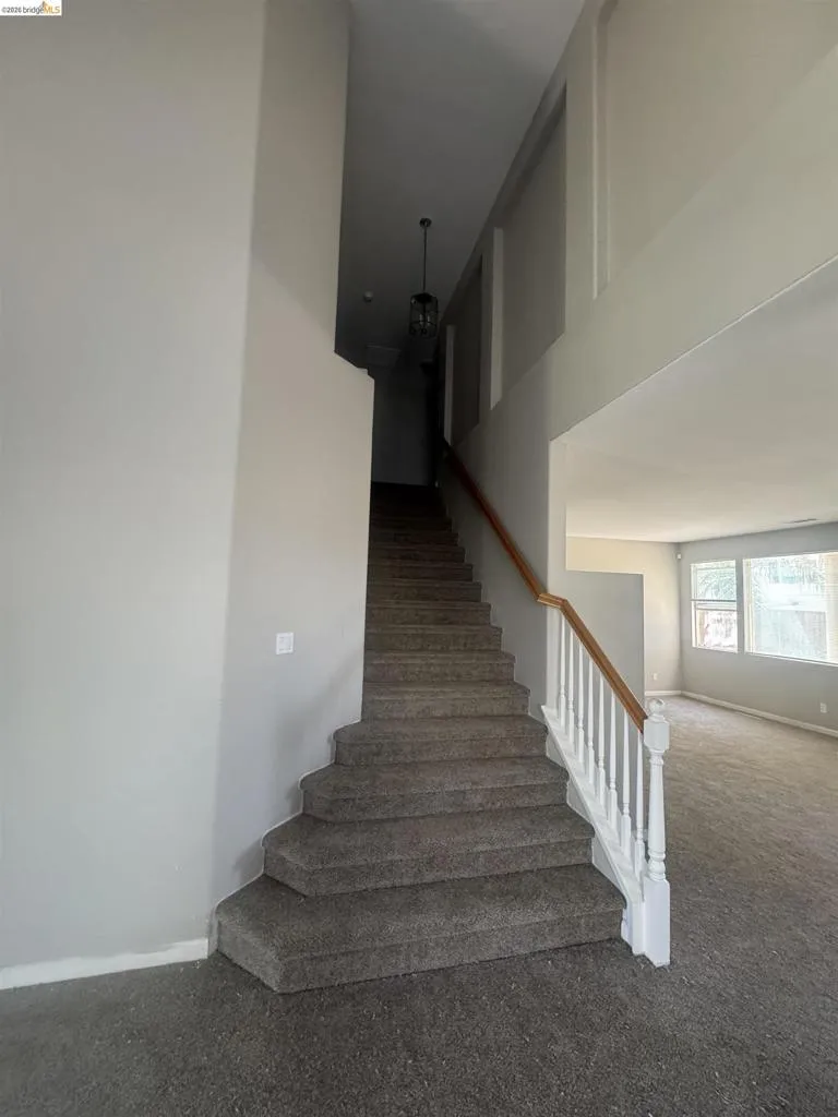 Stairs featuring baseboards and carpet