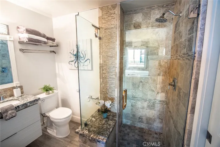 Updated and luxurious primary bathroom.
