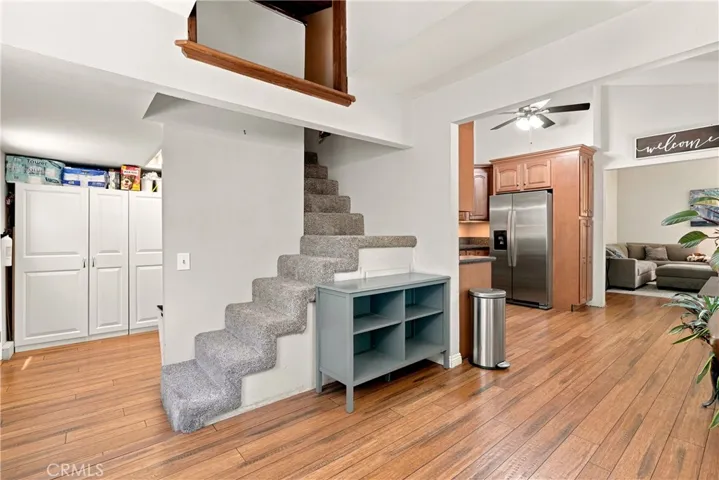 Stairs lead you up to a flex space.