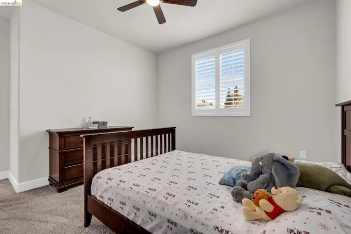 Bedroom featuring light gray walls, plush carpeting, a ceiling fan, and a window with white louvered shutters