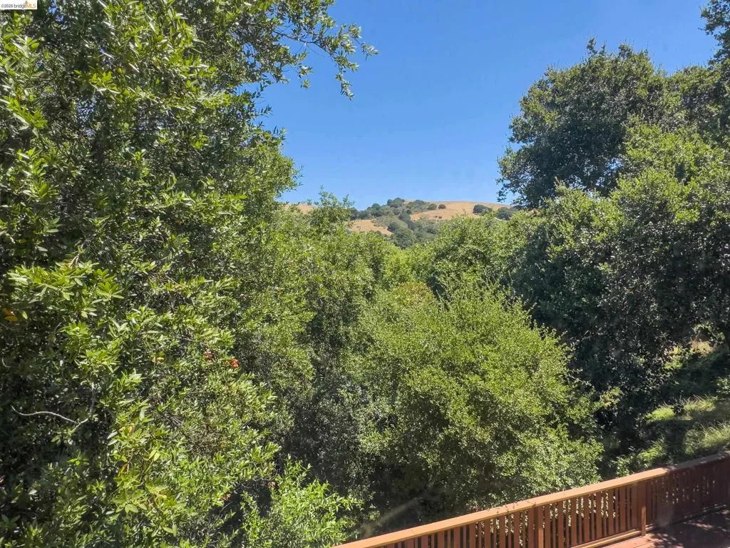 Wood-finish deck with slatted railing, surrounded by mature trees and distant hills
