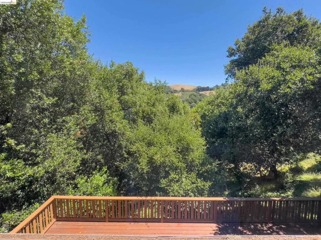 Spacious outdoor deck with natural wood railing and decking, framed by mature trees, offering a distant view of rolling hills under a clear sky