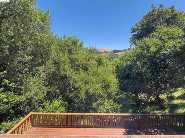 Spacious outdoor deck with natural wood railing and decking, framed by mature trees, offering a distant view of rolling hills under a clear sky