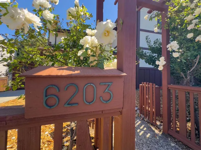 Decorative mailbox with visible house numbers, integrated into a wooden pergola structure