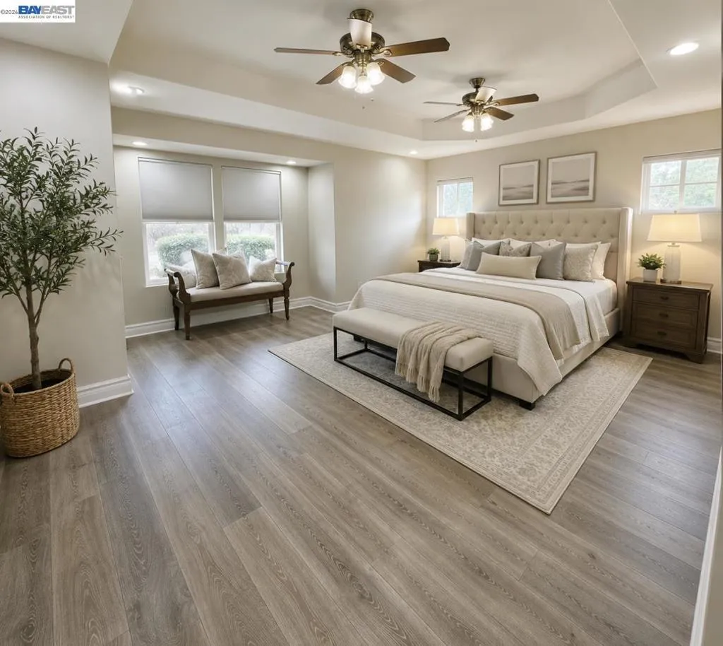 Bedrooms are virtually staged with filter