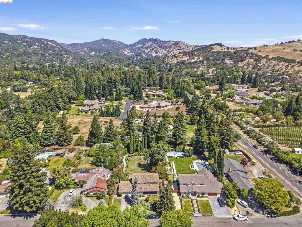 Expansive aerial perspective showcasing a residential area with mature trees and mountain backdrops