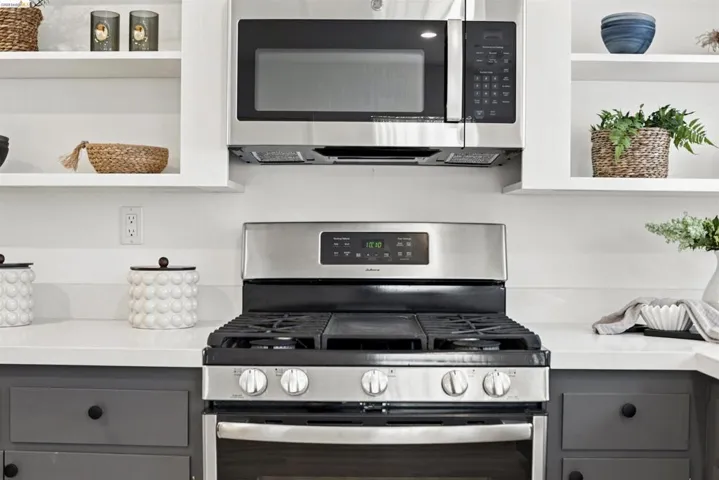 Stainless steel gas range and microwave oven, white countertops, built-in open shelving, and dark gray lower cabinetry