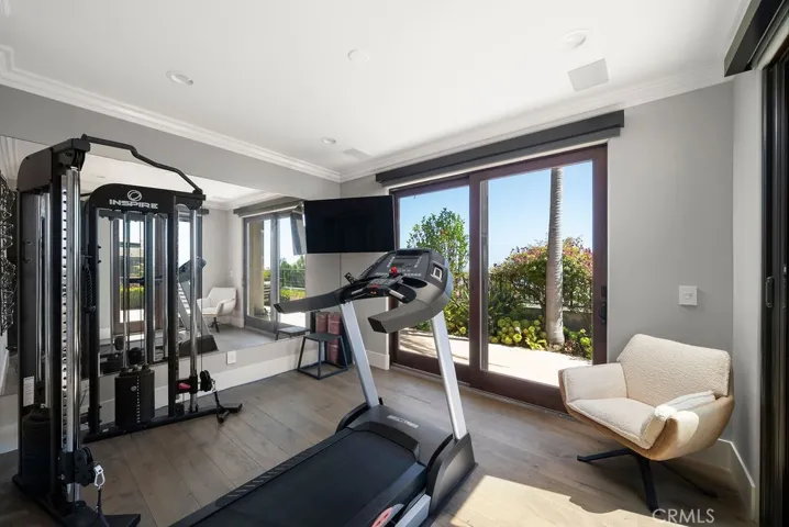 Versatile ocean-view fitness studio or home office featuring mirrored walls, abundant natural light, and direct access to the outdoors.