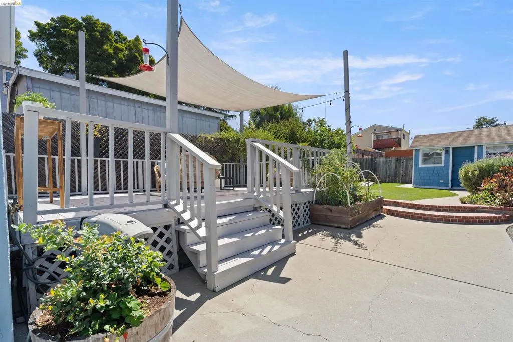 Rear yard featuring a spacious deck with white railings and stairs, a partial shade sail, generous turf lawn, a concrete patio, and mature plants and fruit trees