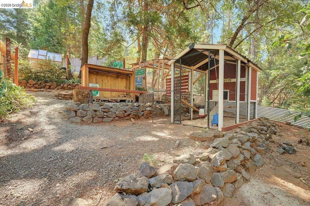 Red-sided coops with metal roofing and integrated outdoor runs