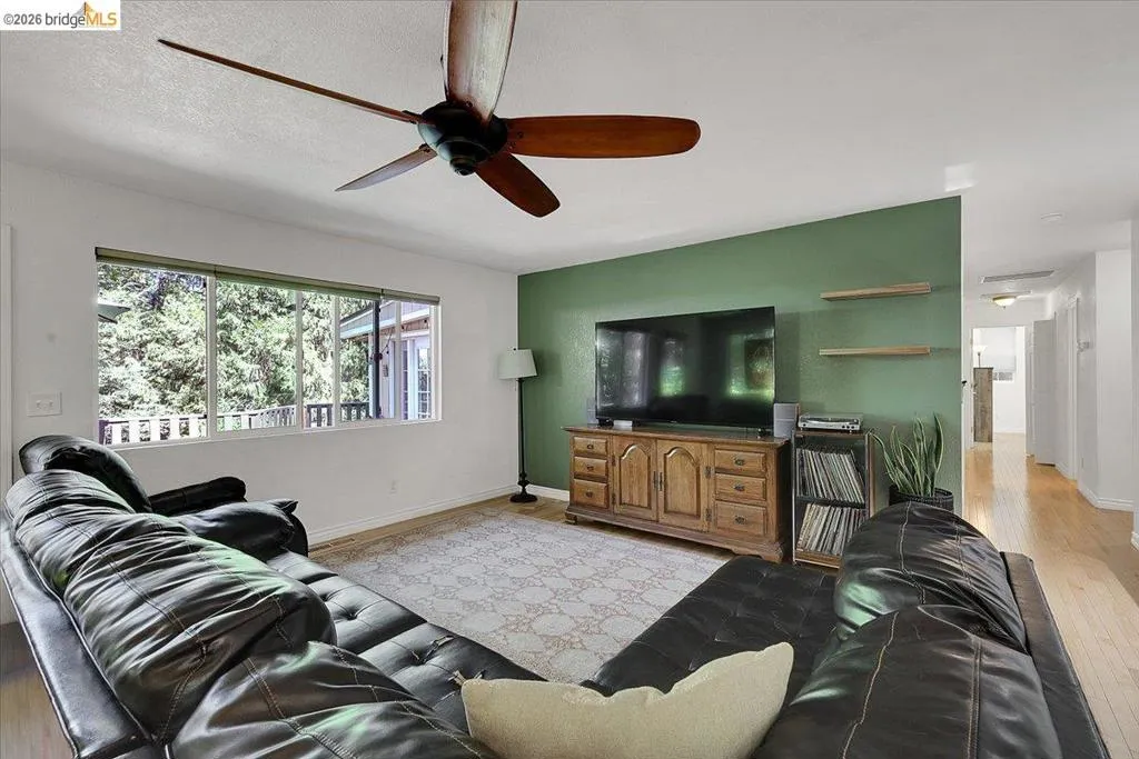 Living area featuring a wide window, wood-finish flooring, a ceiling fan, and a green accent wall with two floating shelves