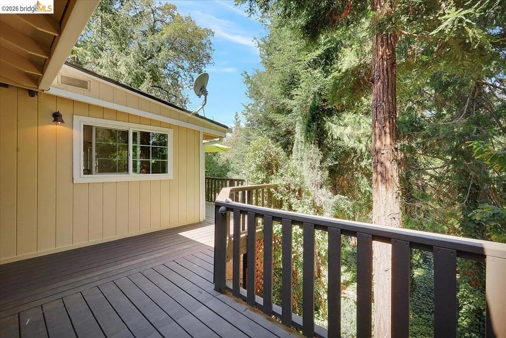 Expansive outdoor deck with dark wood-finish flooring and railing