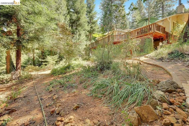 Expansive outdoor deck with wood railings, brick pathway, and surrounding mature trees