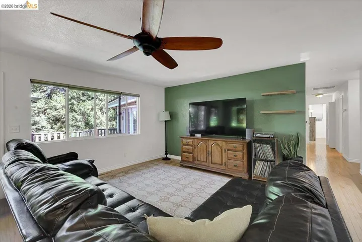 Living area featuring a wide window, wood-finish flooring, a ceiling fan, and a green accent wall with two floating shelves