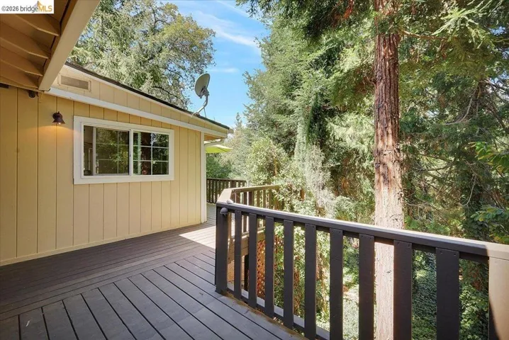 Expansive outdoor deck with dark wood-finish flooring and railing