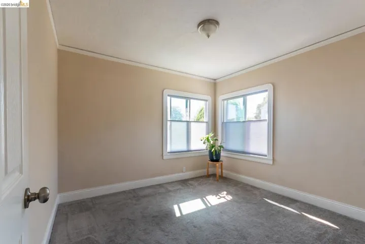 Carpeted interior room featuring two windows with privacy blinds, painted walls, white trim, and an overhead flush-mount light fixture