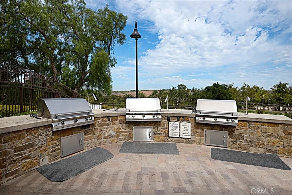 Community Barbecue Area: Multiple built-in stainless-steel grills are arranged along a stone counter for shared outdoor cooking and entertaining.