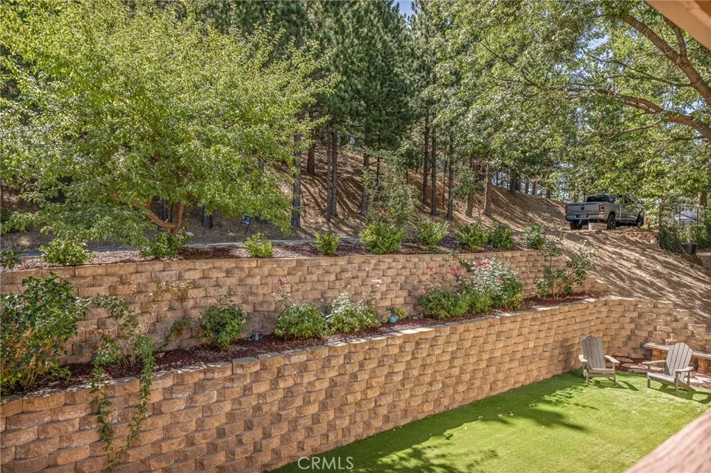 Front Terraced area with roses, lilac, apple, plum and pear trees.
