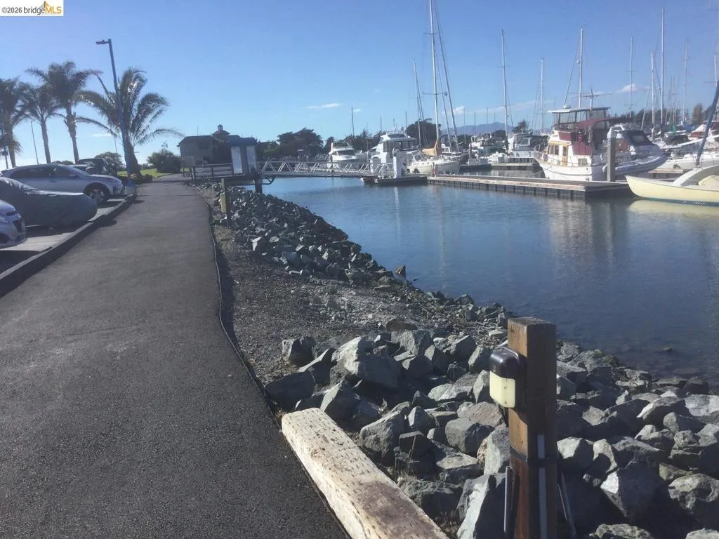 Waterfront setting featuring a paved pathway, rock-lined shore, and boat docks with various vessels