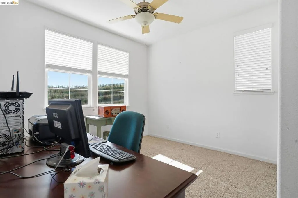 Office space featuring light carpet and a ceiling fan
