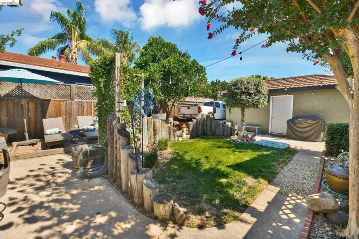 Backyard featuring a concrete patio, a grass lawn, and mature trees