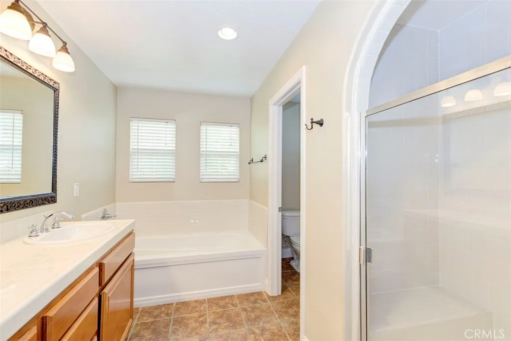 Primary bathroom with walk-in shower, soaking tub and dual vanities