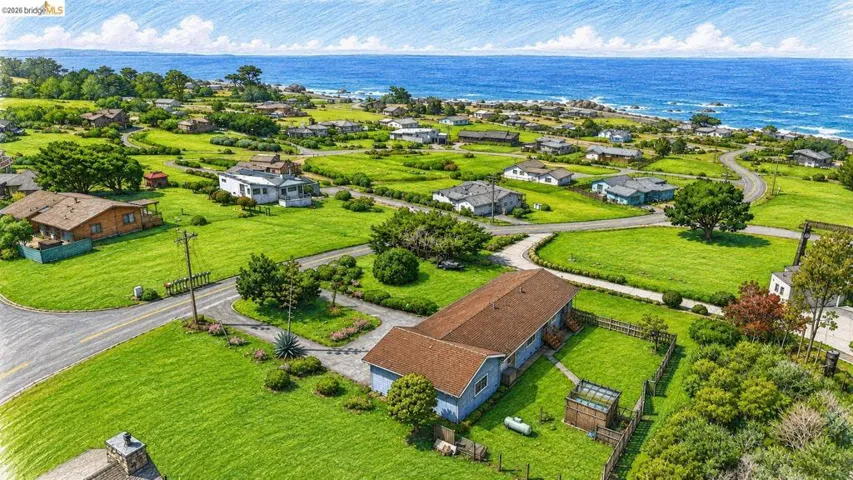 Expansive coastal property featuring a blue-sided residence with a brown roof, fenced yard, and surrounding green landscapes