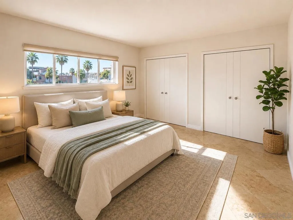 Expansive guest bedroom featuring wall-to-wall closets, abundant storage, and tranquil water views.
