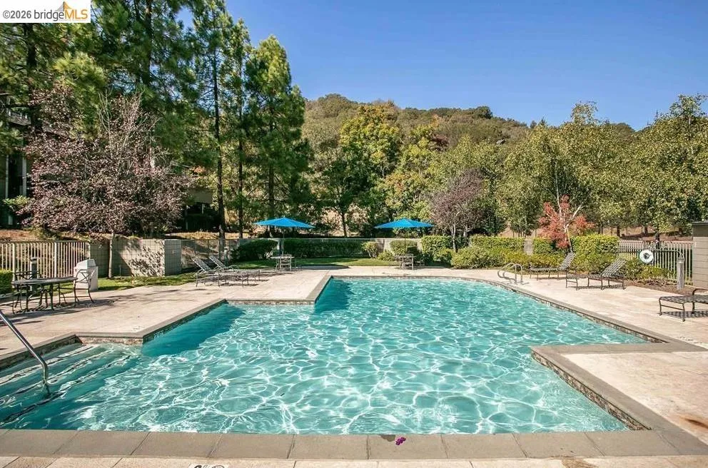 Resort-style swimming pool featuring crystal-clear water, sun deck with lounge seating, mature landscaping with mixed trees throughout the grounds, manicured lawn areas, and poolside umbrellas for shade