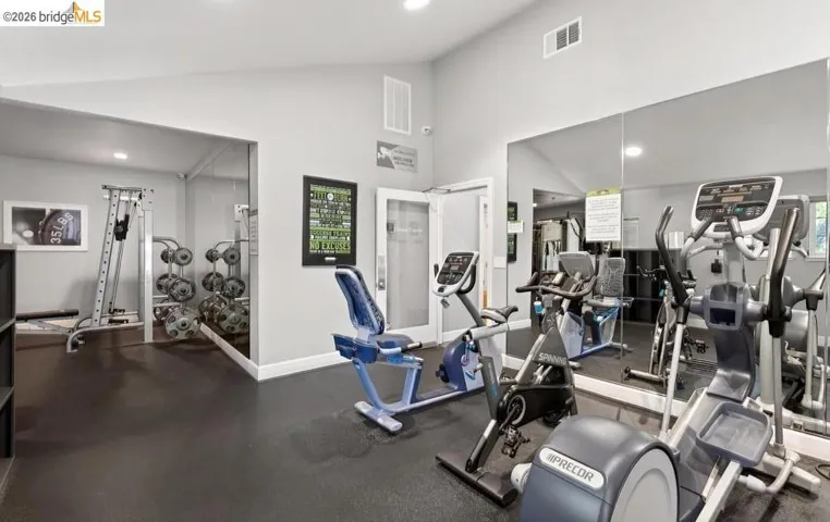 State-of-the-art fitness facility featuring mirrored walls, dark rubber flooring, and comprehensive cardio and strength training equipment