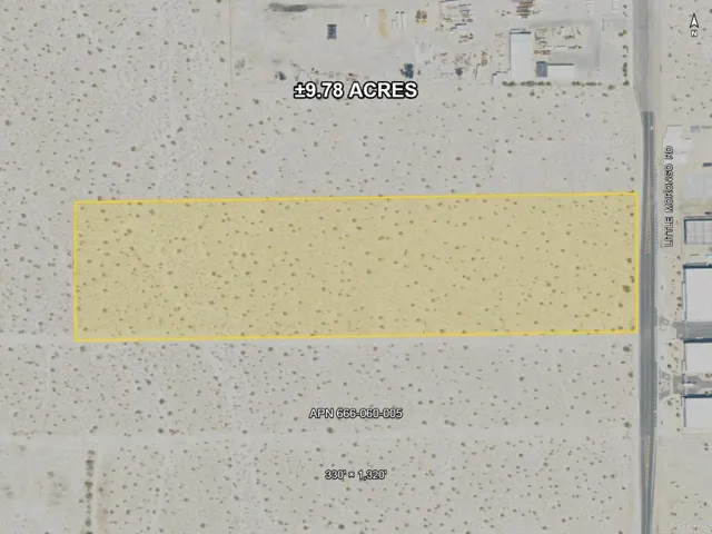 Parcel boundary on 2026 USGS NAIP imagery. 9.78 ac, 330 x 1,320 ft, west side of Little Morongo Rd.