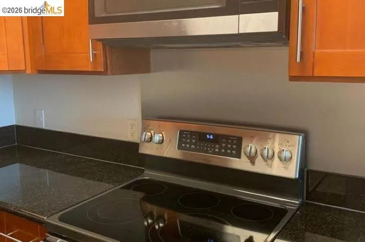 Stainless steel electric range with a smooth cooktop, complemented by dark granite countertops and wood cabinetry