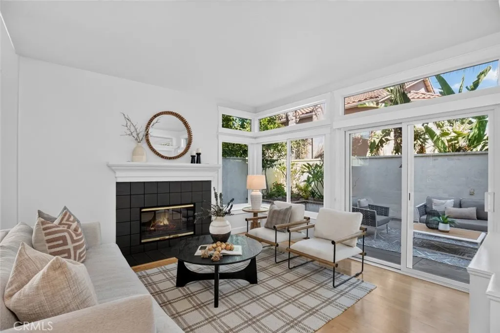 Open living room and gas fireplace