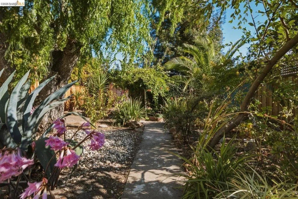 Landscaped pathway bordered by diverse plantings, mature trees, and a wooden fence
