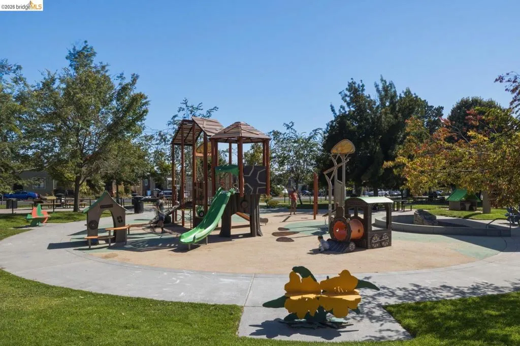Expansive park area featuring a playground with multiple slides and climbing structures, surrounded by mature trees