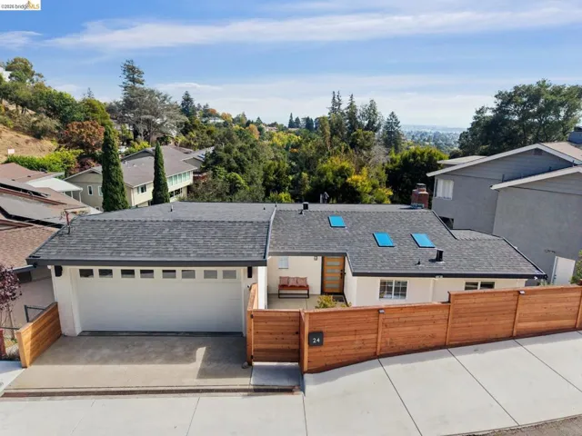 Contemporary exterior with a dark shingle roof, integrated skylights, and an attached two-car garage