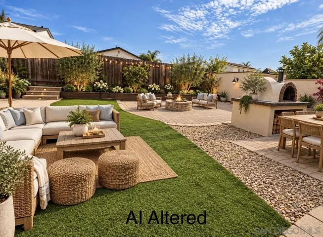 Backyard is low maintenance with Turf, Pavers, and Wood Burning Fire Oven, offering privacy and an ideal home for entertaining.