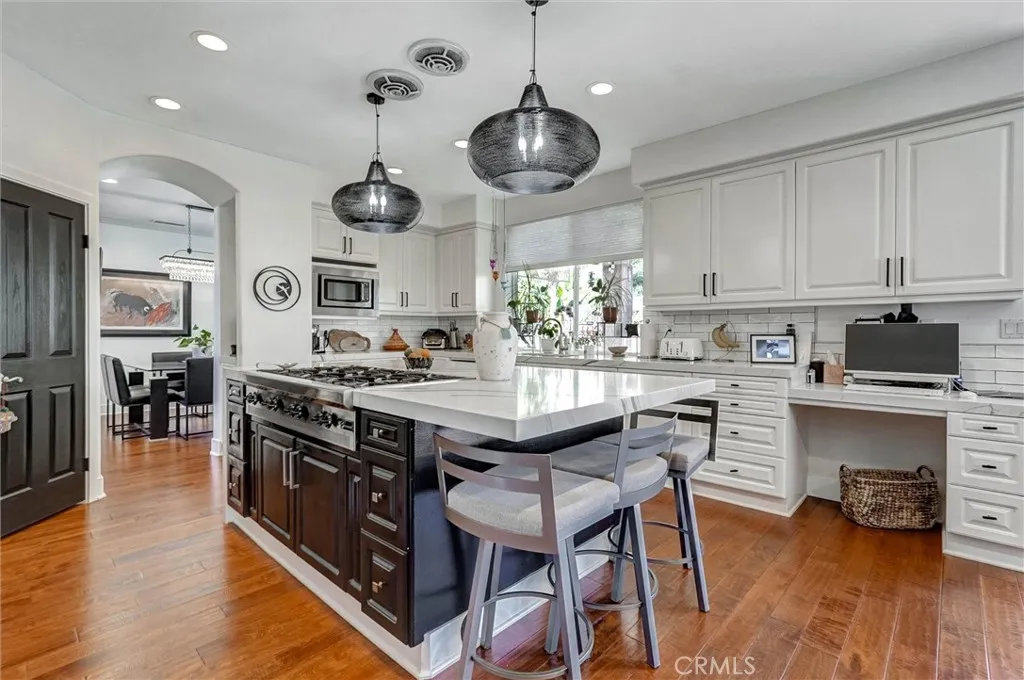 Spacious kitchen with island seating.