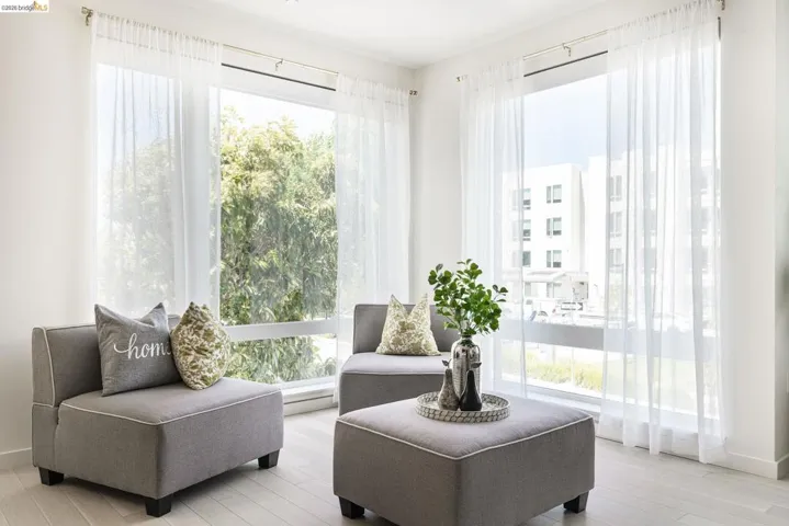 Bright living space featuring expansive windows with white sheer curtains, light wood-finish flooring, and crisp white walls