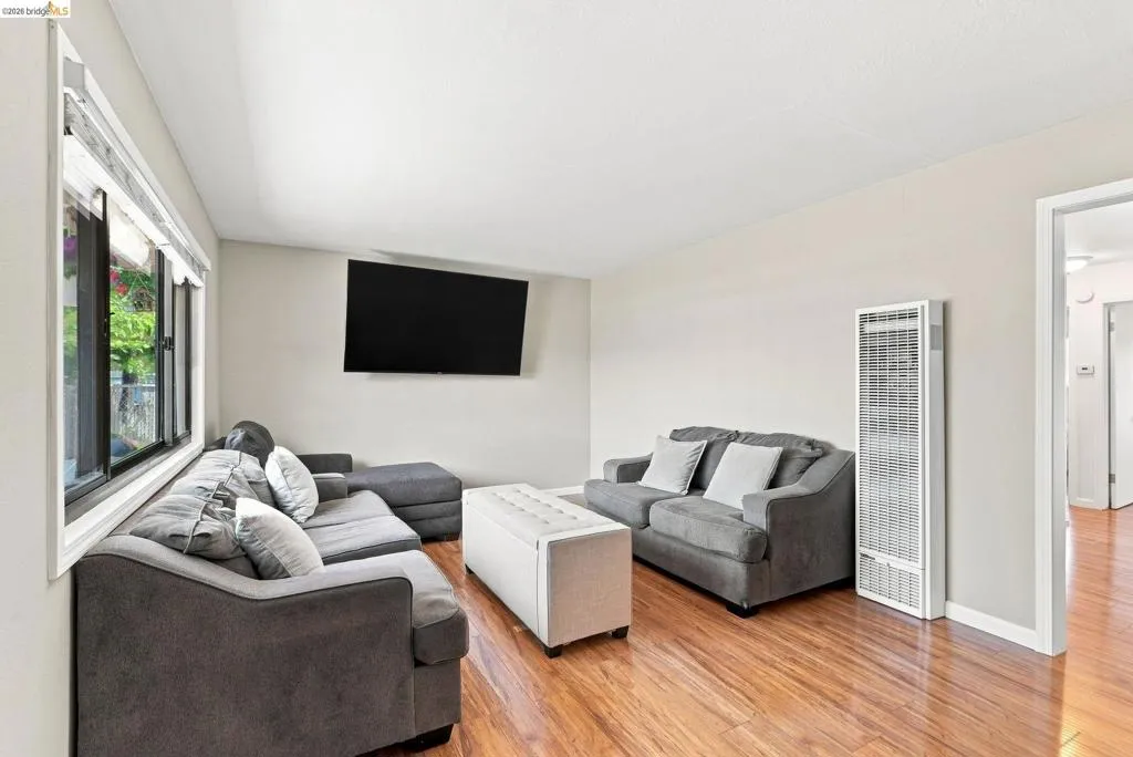 Spacious living area featuring wood-finish flooring, a large window, and a wall-mounted heating unit