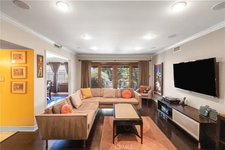 Spacious living room with recessed lighting