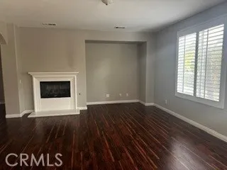 Bright living space featuring a fireplace, wood-style flooring.