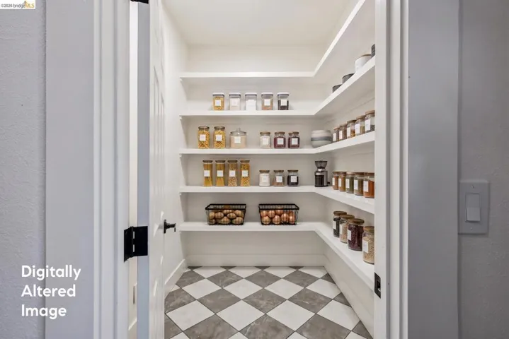 Digitally altered photo. Built-in shelving with corner returns, white finished walls, and a checkerboard tile floor.