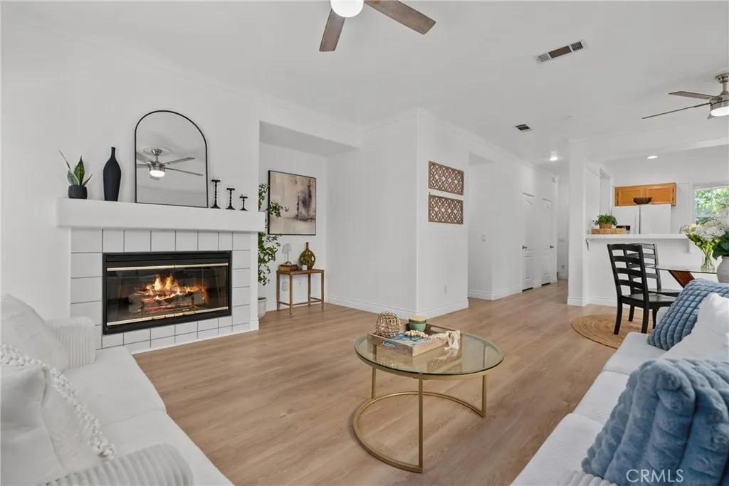 Living room with fireplace.