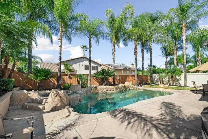 Lagoon-style pool with raised spillover spa, pebble aggregate finish, natural-look rock surround, tropical landscaping, and fire pit